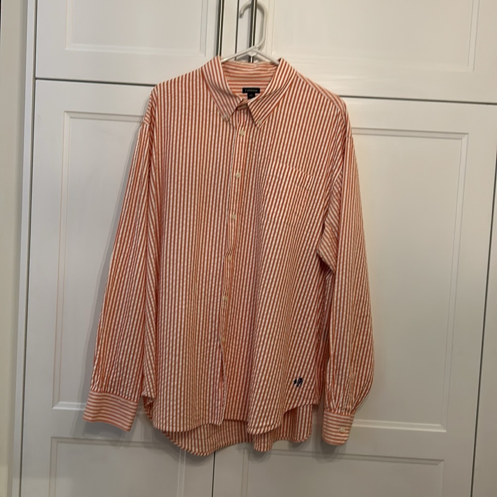 J PETERMAN MENS XXL ORANGE AND WHITE STRIPED BUTTON-UP SHIRT